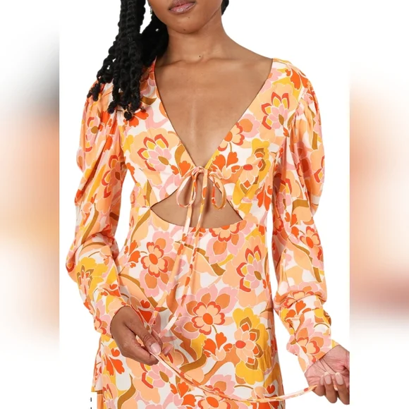 AFRM XS Y2K Floral Mini Dress Sheer Long Sleeve Cutout Tie Front Bratz Style - Picture 2 of 8